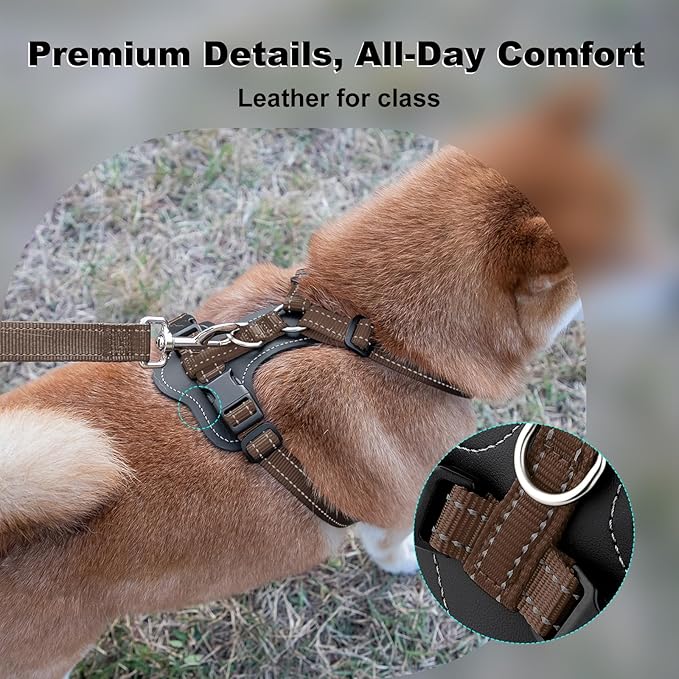 Plutus Pet Adjustable No Pull Dog Harness with Leather Accents, Heavy Duty Reflective Nylon Vest for Training, Hiking, Easy Walk Harness for Small, Medium, Large Dogs (Chocolate, XL)
