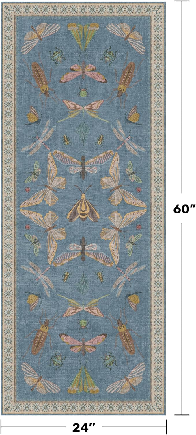 Boho Non Slip Kitchen Rug Runner - 2x5 Blue Washable Thin Rug for Bathroom, Laundry Room, Hallway, Non Slip with Rubber Backing, Insect Print Unique Runner