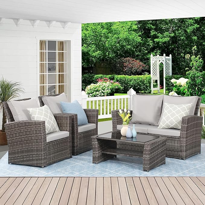 Wisteria Lane 4 Piece Patio Furniture Set, Wicker Outdoor Patio Conversation Furniture Set, All Weather Outdoor Patio Sofa with Cushion and Glass Table, Light Gray