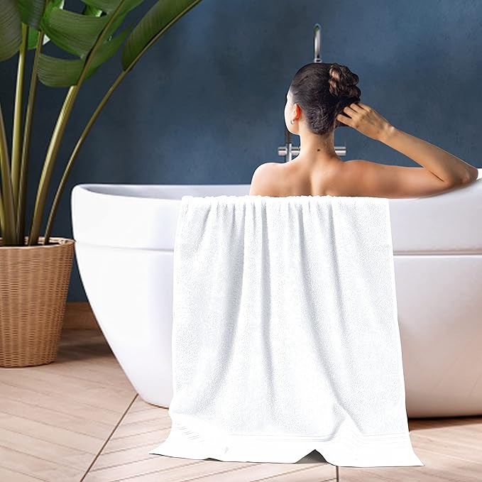 BOUTIQUO 100% Cotton 2 Pack Bath Towel Set 28x55 inches, Eco-Friendly Large Bath Towels, Compact Quickdry Lightweight Soft & Highly Absorbent Bath Towel,Ideal for Everyday Gym Travel Camp Pool - White