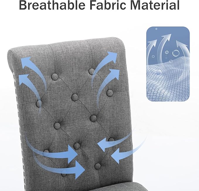 Westice Dining Room Chairs Set of 2 Upholstered Fabric Kitchen Chairs Dining Room Side Chair with Nailhead Trim and Rubber Wood Legs for Small Space Apartment, Gray