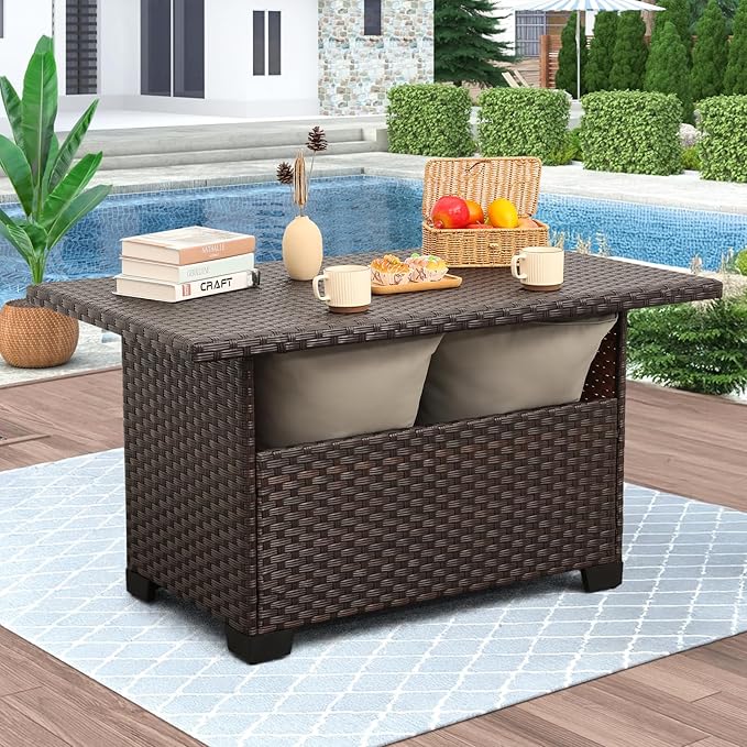 46 Inches Outdoor Coffee Table with Storage Wicker Patio Table Outdoor Dining Table with Glass Tabletop, Brown