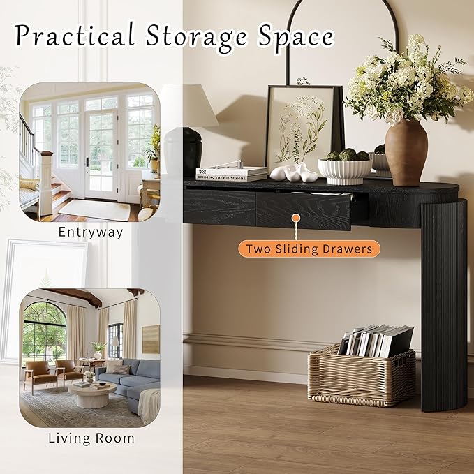 55.1" Entryway Narrow Console Table with Drawers, Oval Top & Fluted Legs, Natural Wood Grain Sofa Table for Hallway, Foyer, Behind Couch, Accent Table for Living Room, Solid Wood + MDF (Black)