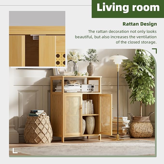 Bathroom Floor Stand Cabinet, Bamboo Storage Organizer Table with 2 Rattan Doors and 1 Shelf, Wooden Side Cupboard for Hallway, Laundry, Kitchen, Living Room (Natural)