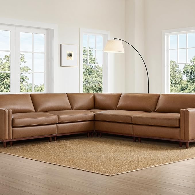 CHITA 114" Super Large Luxury V Shape Corner Sectional Modular Sofa, Down Filled Modern Sofa, Deep Seat Comfty Cloud Couch, 5 Seat Couch with Chaise, Solid Wood Leg, Faux Leather in Camel