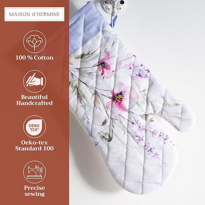Maison d' Hermine Oven Gloves 100% Cotton Oven Mitt 7" x 13" with Loop Heat Resistant, BBQ, Cooking Gloves, Baking, Grilling, Kitchen, Handling Hot Pans Spring/Summer (Pack of 1, Summer Floral)