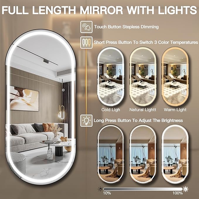 FENNIO Full Length Mirror with Lights, 70"x32" LED Full Body, Wall Mounted Hanging Mirror for Bedroom, Salon, 3-Color Lighting, Brushed Aluminum Frame [Tempered Glass]