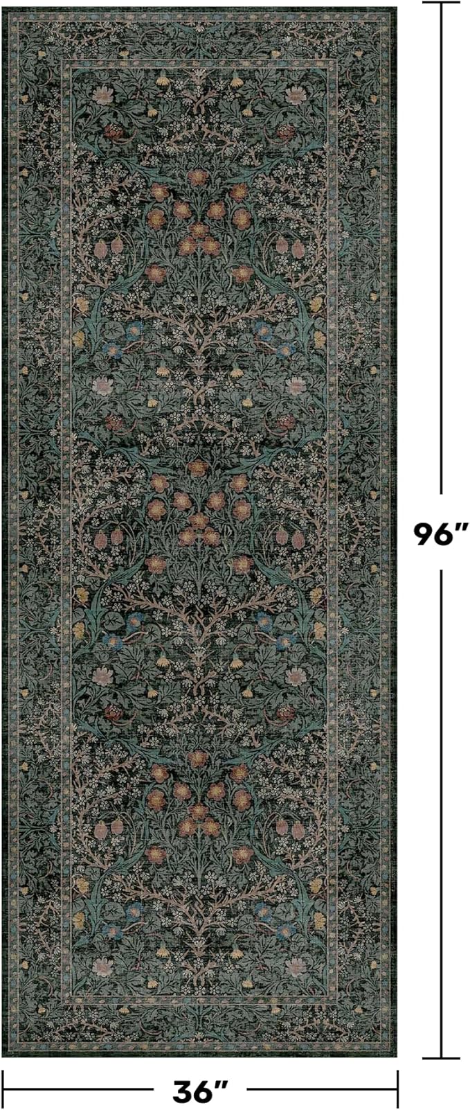 Vintage 3x8 Wide Runners for Hallways, Long 8ft Floor Runner for Kitchen, Entryway Indoor, Washable Non Skid Rubber Backing Stain Resistant - Dark Green Floral Décor