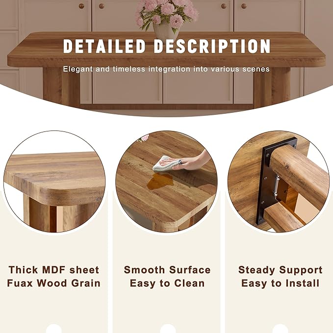 Dining Room Table for 6 - Wooden Dining Table with 1.7-Inch Thick Seamless Tabletop and Dual Pedestal Base,64.5'' Farmhouse Dining Table Ideal for Kitchen,Home Office(Easy to Assemble)