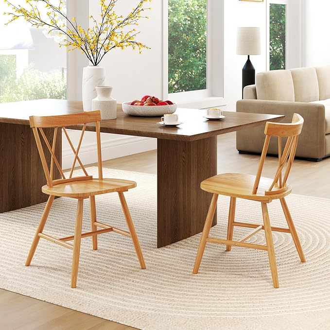 Giantex Windsor Dining Chairs Set of 2, Farmhouse Wooden Kitchen Chairs w/Cross Back, Wide Seat, Rubber Wood Frame, Armless Side Chairs for Kitchen, Dining Room, Living Room, Restaurant, Natural