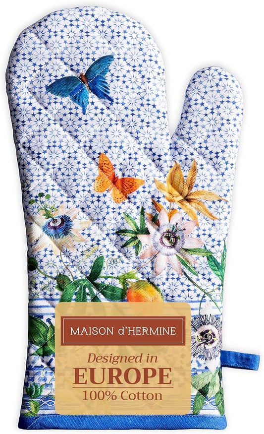 Maison d' Hermine Oven Gloves 100% Cotton Oven Mitt 7" x 13" with Loop Heat Resistant, BBQ, Cooking Gloves, Baking, Grilling, Kitchen, Handling Hot Pans Spring/Summer (Pack of 1, Passiflora)