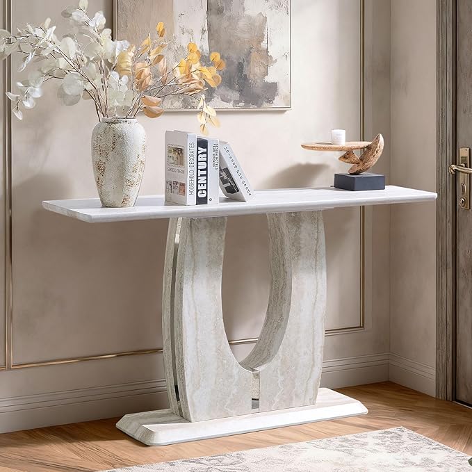 LKTART 55" MDF Console Table for Entryway, Narrow Entryway Table with Faux Mars Marble Pattern, Couch Tables Behind Sofa with U-Shaped Base for Living Room Hallway Foyer, Light