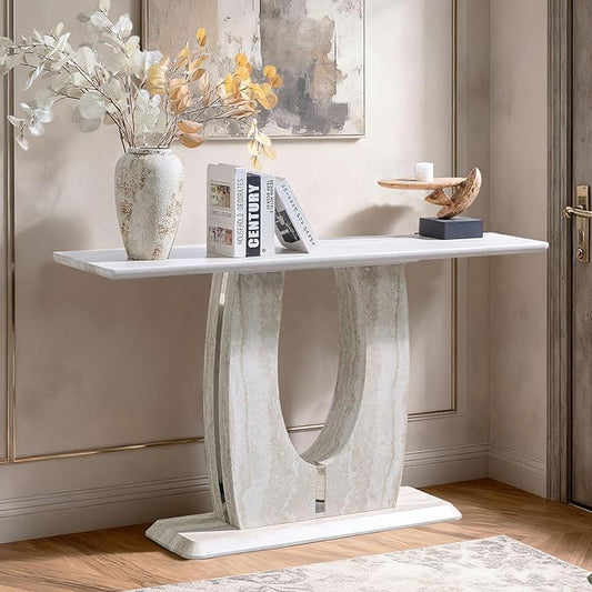 LKTART 55" MDF Console Table for Entryway, Narrow Entryway Table with Faux Mars Marble Pattern, Couch Tables Behind Sofa with U-Shaped Base for Living Room Hallway Foyer, Light