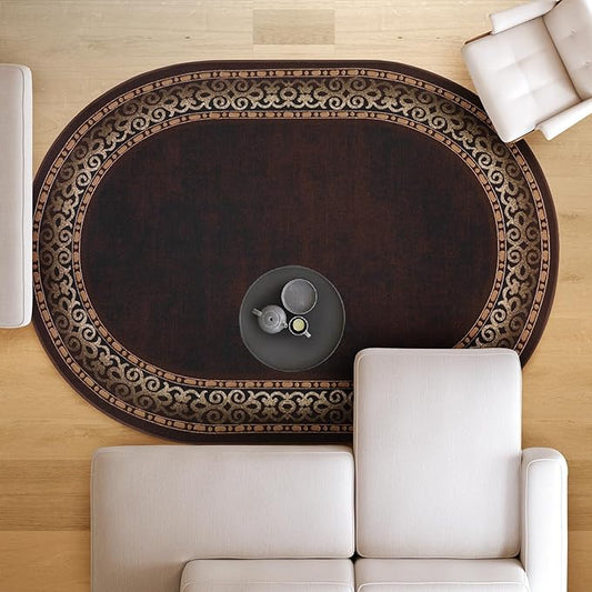 Antep Rugs Alfombras Bordered Modern 5x7 Non-Slip (Non-Skid) Low Pile Rubber Backing Indoor Area Rug (Brown, 5' x 7' Oval)