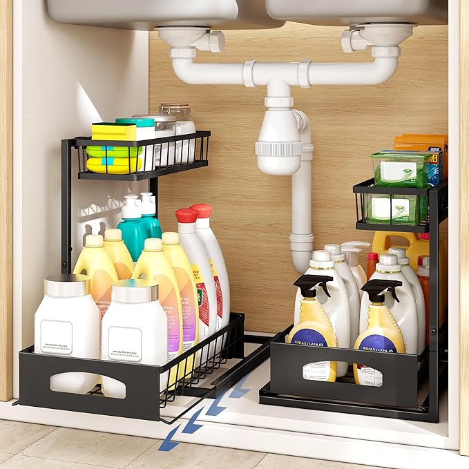 Under Sink Organizer , 2 Pack Height Adjustable Cabinet Organizer with Slide Out Drawer, Pull Out Under Sink Storage, Multi-Purpose 2 Tier Sink Shelves for Kitchen Bathroom Pantry (Black, 2 Pack)