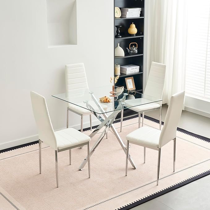 36" Square Glass Dining Table Modern Kitchen Glass Top Table for 4 with Silver Chrome Metal Legs, Clear Dining Table Kitchen Table for Home Office Dining Room