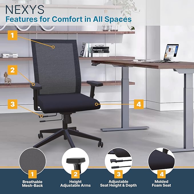 Nexys Home Office Desk Chair, Adjustable Tilt, Height Adjustable Armrests, High Mesh Back Variable Height, Rolling Work Swivel Chairs with Wheels, Comfortable for Long Hours, Onyx | Vinyl