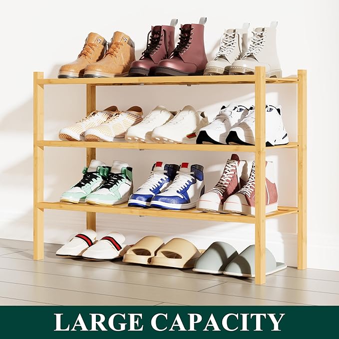 Smiry Shoe Rack, 3 Tier Bamboo Shoe Organizer, Stackable Free Standing Wooden Shoe Storage Shelf for Closet, Entryway, Front Door Entrance, Natural