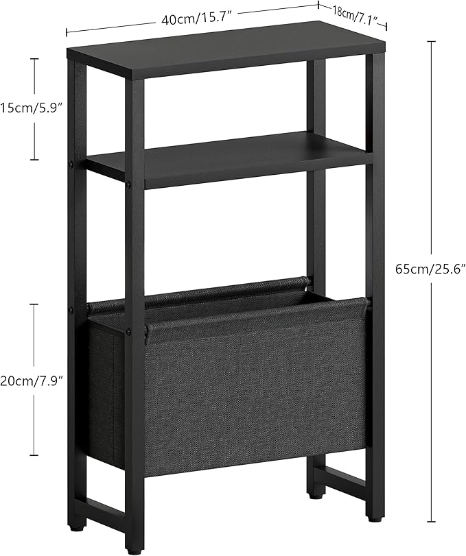 Narrow Side Table, Slim End Table with Magazine Rack, Bedside Table for Small Spaces, 3 Tier Sofa Couch Table Nightstand for Living Room, Bedroom Black LET503B