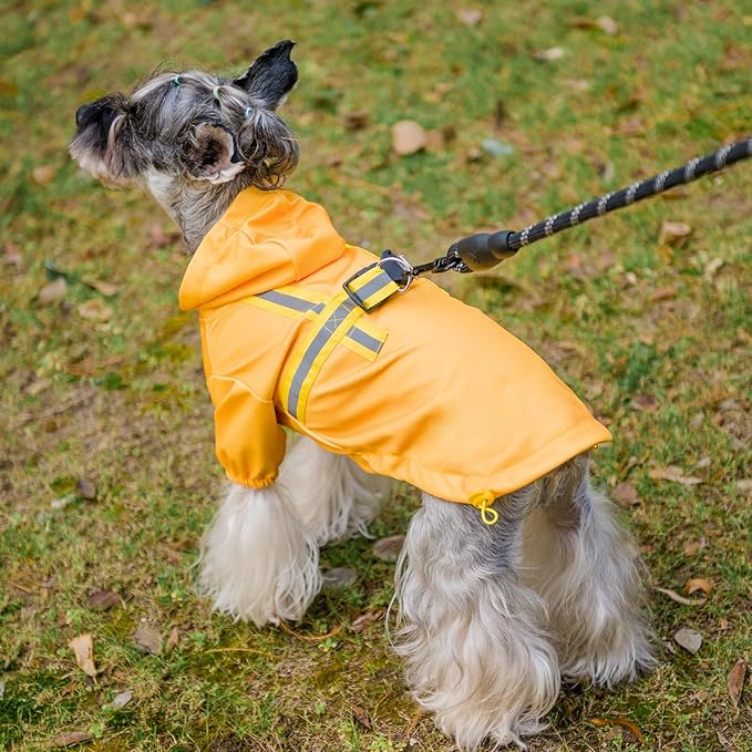 PUPTECK Dog Raincoat with Hood & Harness Built-in, Waterproof Dog Rain Jacket Slicker Poncho Reflective Vest Clothes for Rainy Snowy Winter Cold Days, Yellow L