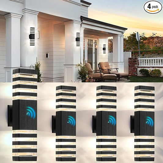 18.3 Inches Dusk to Dawn Outdoor Lighting,Up and Down Exterior Light Fixtures with 4 * 7W LED Bulbs,Waterproof Modern Long Outdoor Wall Light,Black Outdoor Porch Light for House 4 Packs