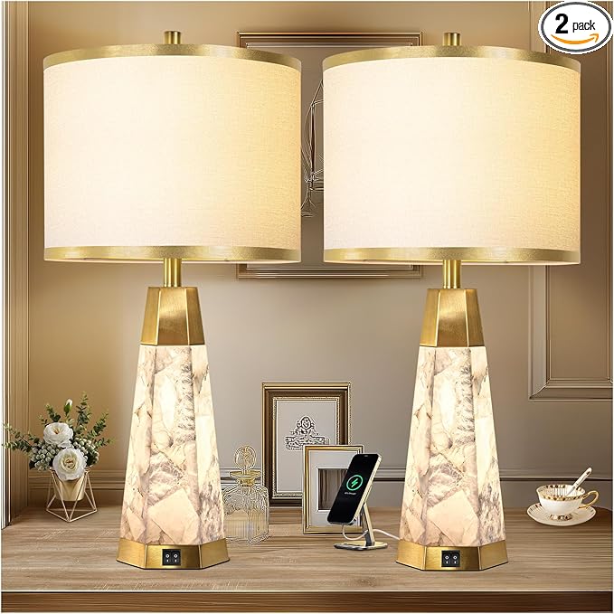 27" Natural Alabaster Table Lamps Set of 2 - Lamps for Living Room with Night Light, Bedside lamps with White Linen Shade, Nightstand Table Lamp with USB A+C Port for Bedroom Office (bulb included)