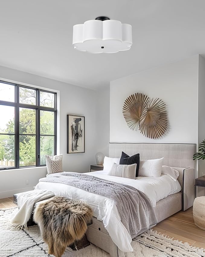 Black Semi Flush Mount Ceiling Lights, 4-Light 18" Ceiling Light Fixtures with Fabric Shade in Flower Shape, Farmhouse Drum Lighting for Nursery Bedroom Kitchen, AD-22009-4SF-BK