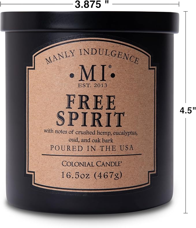 Manly Indulgence Free Spirit Scented Candles for Men, 16.5 oz Single Wick, Premium Soy Blend Wax, 60H Burn, Candles for Home Scented – Made in The USA