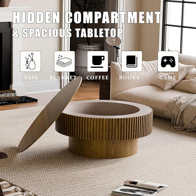 31.5'' Small Round Coffee Table with Storage, Fluted Coffee Table with Solid Wood Veneered, Mid Century Modern Wooden Center Table, Accent Tea Table for Small Space Living Room Apartment, Brown