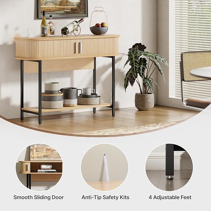 40" Mid Century Modern Entryway Table, Ultra Slim Fluted Console Table with Storage & Sliding Doors, Modern Round Corner Sofa Table, Wooden Entry Table for Hallway, Living Room, Natural