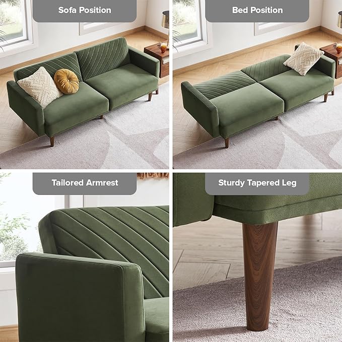 mopio 76.4" Futon Sofa Bed, Couch, Loveseat, Sleeper Sofa, Mid Century Modern Futon Couch, Sofa Cama, Couches for Living Room (Olive Green Premium Velvet)