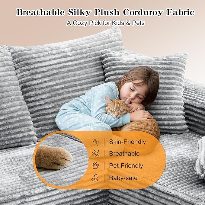 106''Boneless Couches for Living Room, L Shaped Modular Sectional Sofa with Chaise Lounge, Faux Rabbit Fur & Layered Cushion Deep Seat Cloud Couch, No Assembly (Grey, Left Facing Chaise)