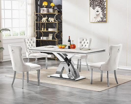 Goujxcy 5-Piece Dining Table Set Modern Faux Marble Dining Table Set for 4, Luxury 68" Long Faux Marble Kitchen Table with 4 Velvet Upholstered Chairs, Mirrored Stainless Steel Base