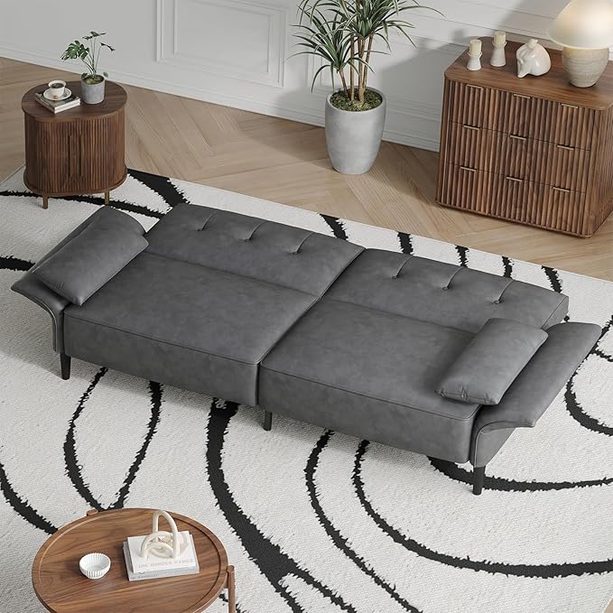 89” Futon Sofa Bed,Futon Couch Bed with 2 Square Pillows,Convertible Sleeper Sofa with Adjustable Backrest& Armrests, Modern Loveseat Sleeper for Living Room, Bedroom,Faux Leather Light Gray
