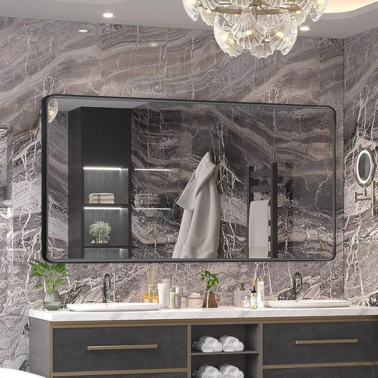 Black Framed Mirrors for Bathroom,72 x 36 Inch Rounded Conner Rectangle Mirror for Wall, Matte Black Vanity Mirror with Tempered Glass,Anti-Rust,Hangs Horizontally or Vertically