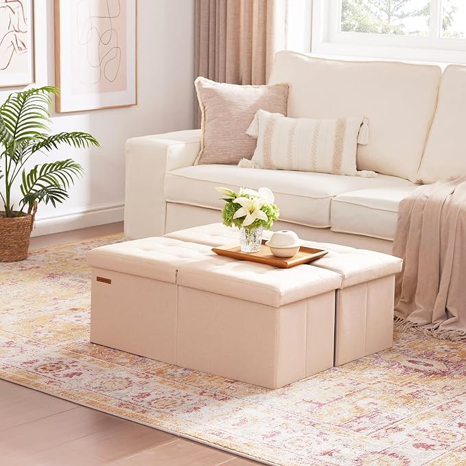 HAUSFRAU 31.5 Inches Ottoman with Storage, Folding Ottoman Small Foot Rest Stool Bedroom Bench with Flipping Lid, Linen Beige