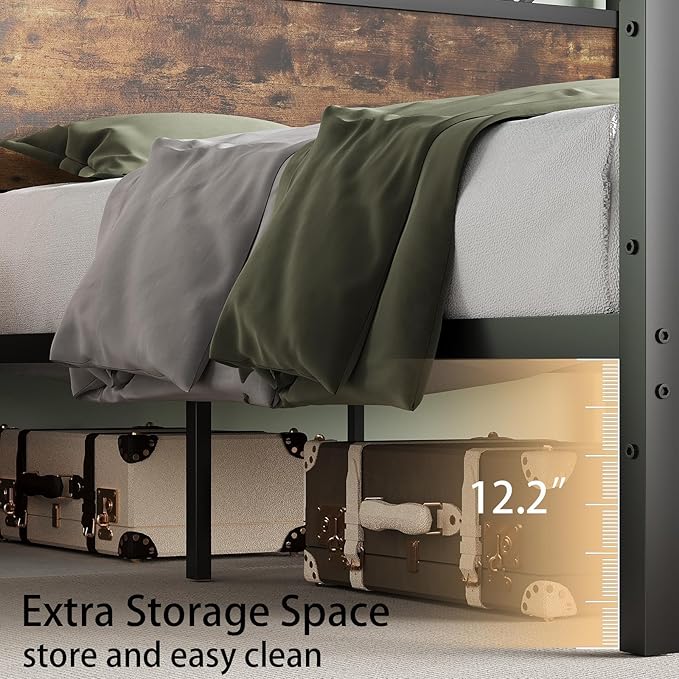 King Size Bed Frame, 51.2" Tall Industrial Headboard, King Platform Bed Frame with Strong Steel Slats Support, Noise Free, No Box Spring Needed, Easy Assembly, Rustic Brown