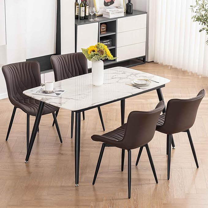 Kidol&Shellder Brown Dining Chairs Set of 2,Faux Leather Upholstered Mid Century Modern Kitchen&Dining Room Chair with Back,Ergonomic Armless Vanity&Living Room Chair with Metal Legs