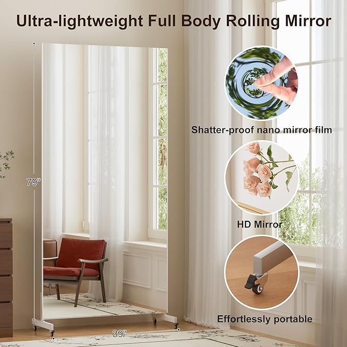 brisafe 79"x40" Ultra-Light Mobile Floor Mirror with 360° Wheels, 0.04mm Shatterproof Nano Film for Home Gym/Yoga/Dance Studio & Commercial Use (60% Insurance Savings, Silver, 9.38LB)