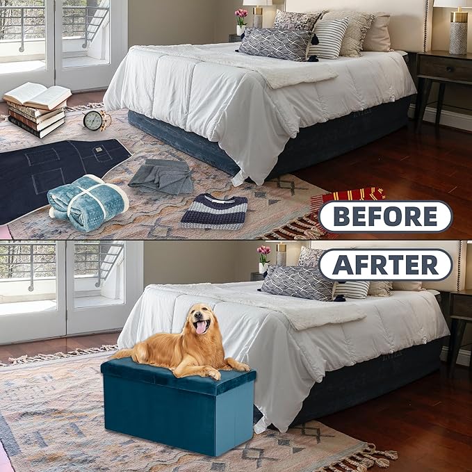 CAROLMADE 30 Inches Storage Ottoman Bench with Flipping Lid, Velvet Foldable Storage Footrest, Ottoman with Storage for Living Room Holds up to 330lbs, Teal