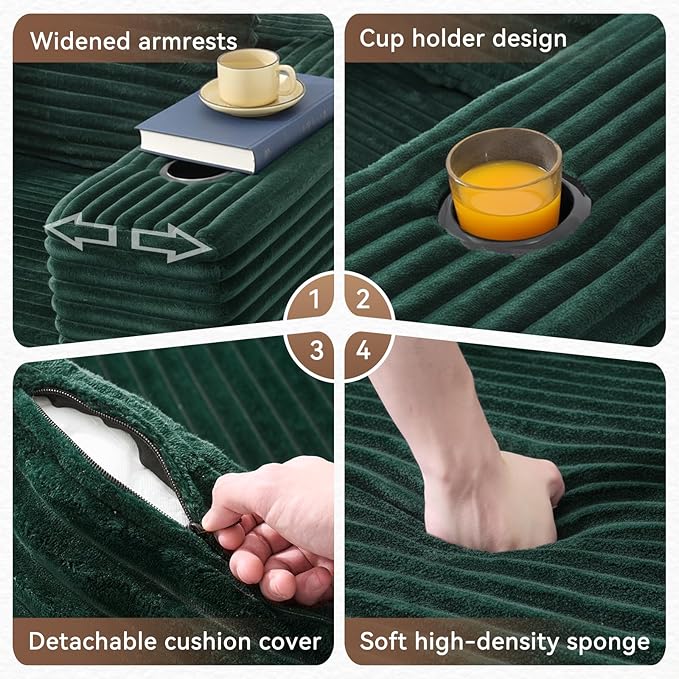 106" Cloud Couch Corduroy Modular Sectional Sofa L-Shape Boneless Couch with Wide Armrests and Cup Holders for Living Room Bedroom, No Assembly Required (Green)