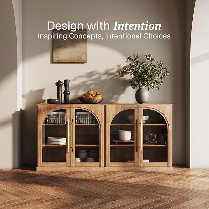BELLEZE Set of 2 Modular Sideboard with Arched Glass Door, Accent Display Buffet Cabinet with Storage and Adjustable Shelves,Classic Modern Credenza for Dining Room Living Room Entryway (Camel)