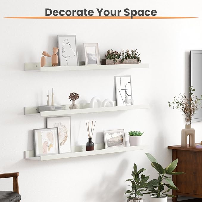 upsimples Floating Shelves for Wall, 35.5 Inch Shelves for Decor Storage Set of 6, Wall Mounted Wood Shelf for Bedroom, Living Room, Bathroom, Kitchen, Long Picture Ledge Shelves, White