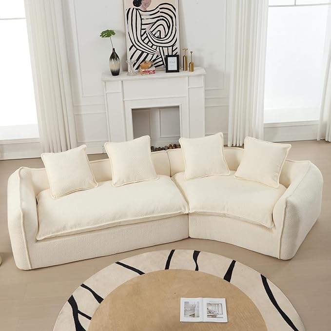 129.9” Curved Boucle Sofa Couch, Modern Sectional Sofa Cloud Deep Seat Couch with 4 Pillows, Comfy Modular 4-Seat Couches for Living Room Apartment (Beige)