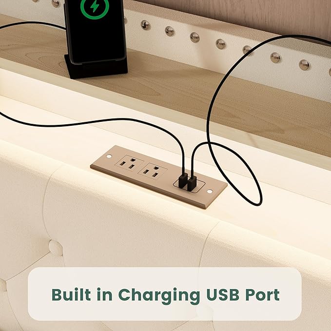 LARMACE Queen Size Bed Frame with 4 Storage Drawers and Charging Station, Velvet Upholstered Platform Bed Frame with LED Headboard, Noise Free, Easy Assembly, Beige