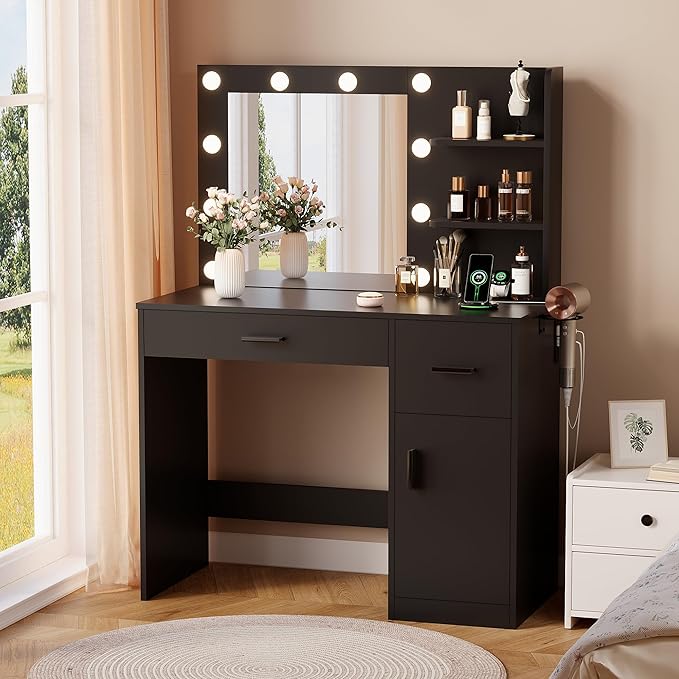 YESHOMY Vanity Desk with Mirror, 10 Lights, Power Outlet and 3 Storage Shelves, Makeup Table with 2 Drawers & 1 Cabinet, 3 Color Modes, for Bedroom, Black