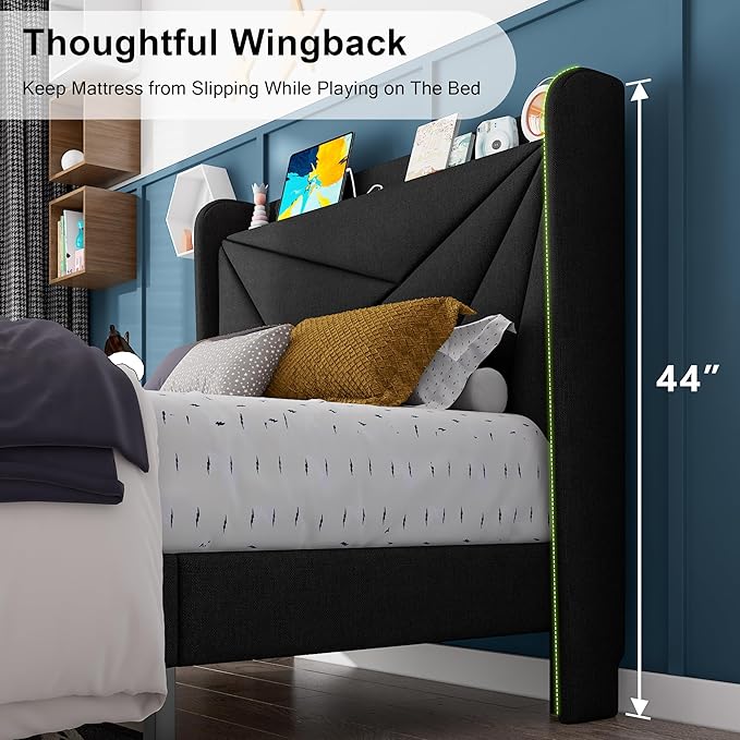 Feonase Twin Size Bed Frame with Charging Station, Upholstered Linen Bedframe with Wingback Headboard, Solid Wood Slats Support, No Box Spring Needed, Noise Free, Black