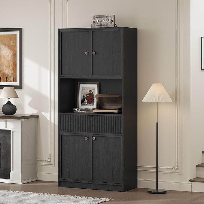 IDEALHOUSE Tall Storage Cabinet, 70" Kitchen Pantry Cabinet with Doors, Fluted Kitchen Hutch Cupboard with Microwave Shelf & Drawer, Freestanding Cupboard for Dining Room, Living Room, Black