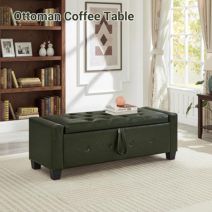 48" Faux Leather Ottoman with Storage, Tufted Storage Ottoman Bench with Safety Hinge, Rectangular Extra Long Bench for Bedroom, Living Room, Entryway and Window, Green