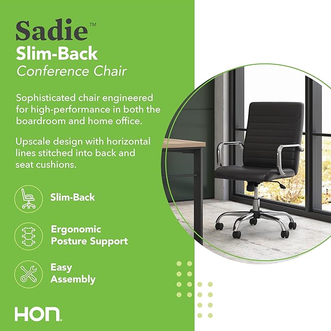 HON Sadie Executive Chair, Ergonomic Leather Office Chair with Chrome Arms and Back Support, for Computers, Desks, Home Offices, 360 Swivel, Black